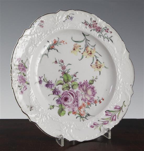 A Chelsea moulded plate, c.1758, 24.5cm (9.7in.)